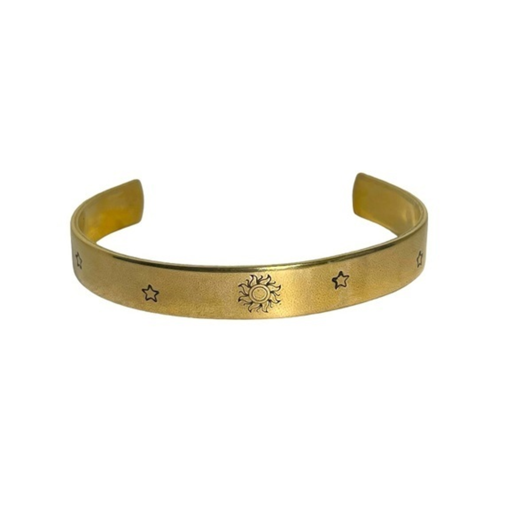 Handmade stamped‎ celestial sun & star adjustable stackable gold brass bracelet